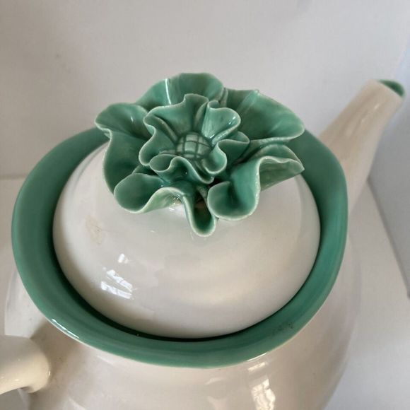 Graces Teaware Fine China White Teapot with Lid Teal Accents Trim 24 oz - Picture 3 of 13